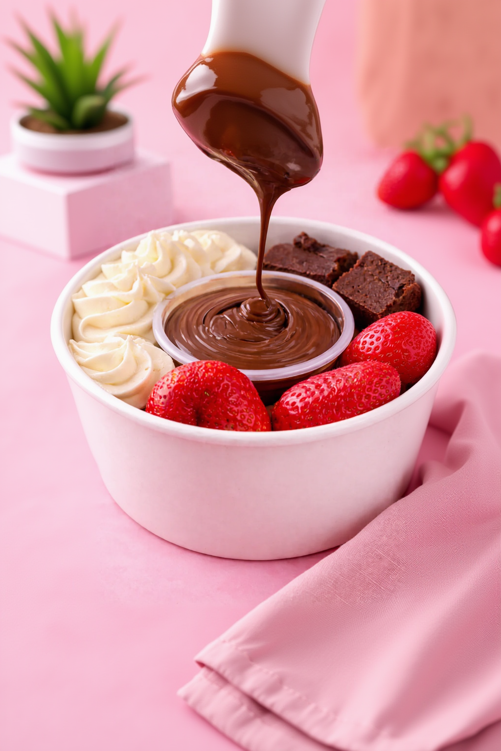 Bowl de brownie con fresas
